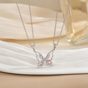 Magnetic butterfly necklace for couples with pink zircon in polished silver finish