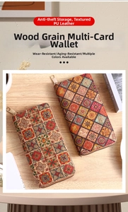 Macro detail of Bohemian long wallet with wood grain texture and mandala pattern