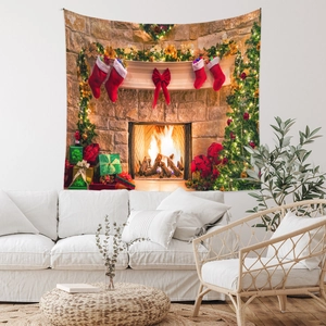 Detail of Christmas tapestry featuring a warm fireplace and festive tree in a cozy living room