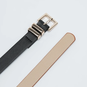 Slim black leather belt for women with golden square buckle and beige inner lining