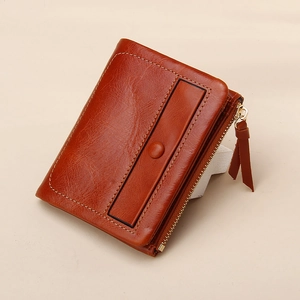 Vintage brown oil wax leather wallet with gold zipper and snap button for men and women