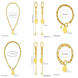 Gold-plated stainless steel jewelry set with coin pendants, star charms, and tassels