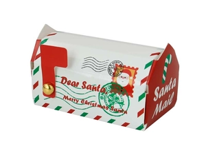 Detailed view of mailbox-shaped Christmas candy box with red flag and Santa Mail graphics