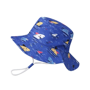 Kids navy fisherman sun hat with cartoon shark print and adjustable chin strap