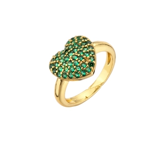 Detailed macro view of heart ring with green pavé zircon stones and adjustable gold band