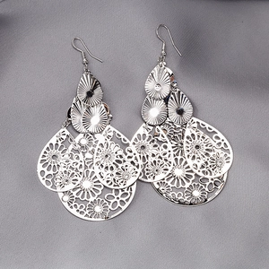 Exaggerated silver layered hollow geometric teardrop drop earrings for women