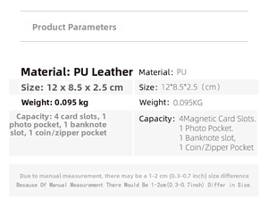 Detailed chart showing PU leather wallet dimensions, card slots, and storage capacity