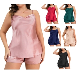 Women Plus Size Satin Pajama Camisole And Shorts Cowl Neck Imitation Satin Sleepwear High Gloss Soft Lingerie
