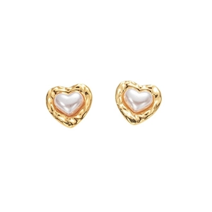 Elegant gold textured heart earrings with white pearl center on a clean white background