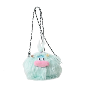Cute green fuzzy monster plush crossbody bag with braided strap and pink mouth detail