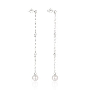 Detail view of S925 sterling silver long tassel earrings with tiny diamonds and white pearls