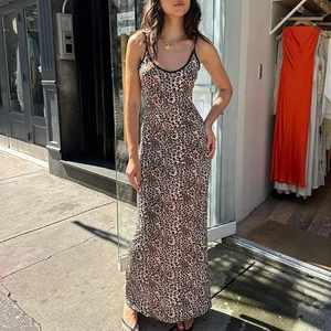Leopard Print Maxi Dress Spaghetti Strap Bodycon Backless High Waist Polyester Spandex Sexy Elegant Women