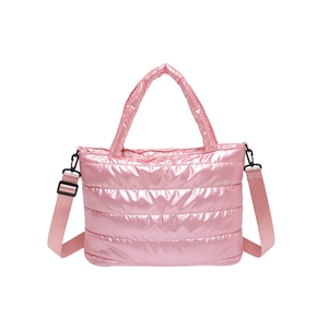 Pink quilted space cotton tote bag with glossy metallic finish and adjustable shoulder strap