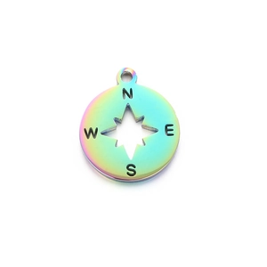 Rainbow stainless steel compass pendant with hollow star and cardinal direction engraving