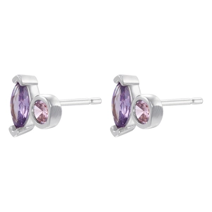 Detail view of dainty silver earrings with purple marquise and pink round gemstones