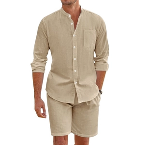 Men's khaki linen shirt and shorts two-piece set for casual beach wear outfit