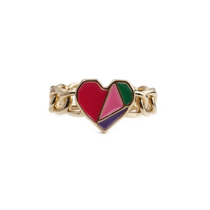 Adjustable golden heart ring with colorful geometric enamel pattern on white background