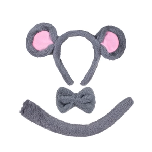 Cute gray plush mouse headband with matching bow tie and long tail costume set
