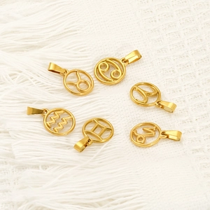 Set of 6 gold stainless steel zodiac pendants on white fringe texture background