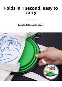 Portable green silicone dog bowl being folded and tucked into a canvas carry bag