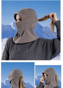 Detail view of winter fleece hood mask with ponytail hole for skiing and cycling outdoor use