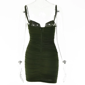 Detail view of the back zipper and ruched texture on a dark green V-neck bodycon dress
