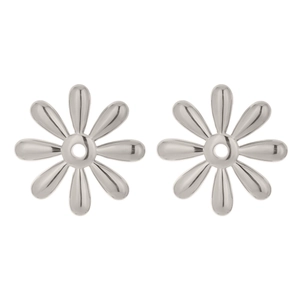 Detailed view of silver flower stud earrings with polished metallic petals on white background