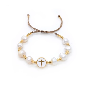 Handmade Baroque pearl cross bracelet with adjustable brown cord for women in boho style