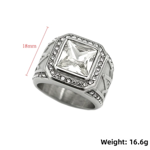 Detail view of Masonic silver ring featuring a large square stone and compass symbol
