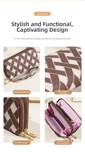 Detail view of double zipper wallet with striped woven pattern and detachable wristlet strap