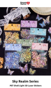 Close-up of laser butterfly stickers with shell luster and 3D PET holographic texture