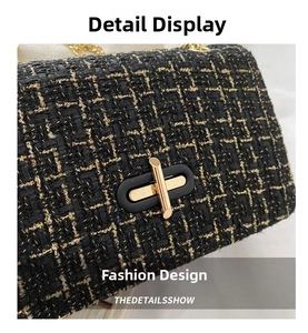 Macro detail of plaid tweed fabric texture and golden twist lock on stylish handbag