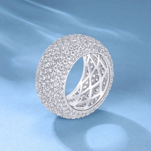 Silver color wide band ring with cubic zirconia micro-paving and hollow grid interior