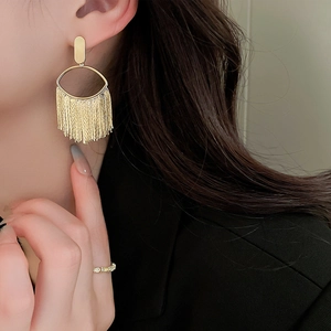 Detail of gold-plated tassel earrings with geometric round pendants shown on model
