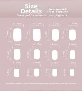 Tableau des tailles pour 24 faux ongles rectangulaires courts en 12 dimensions variées
