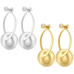 Chic 18K gold and silver metal ball drop earrings with crystal studs on white background