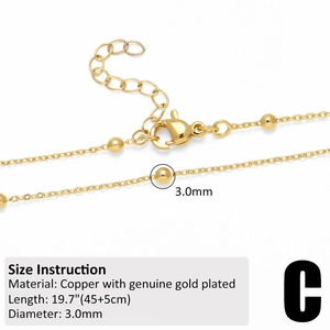 Detailed view of gold-plated copper bead necklace chain with lobster clasp and size info