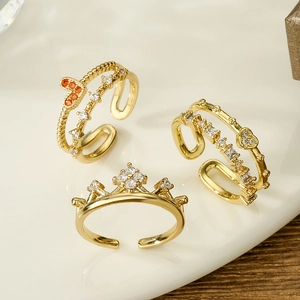 Double Layer Heart Crown Adjustable Ring Copper Gold Plated Geometric Cubic Zirconia Fashion Jewelry Women