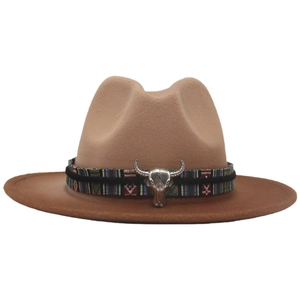 Detail of brown wool fedora with colorful tribal band and silver bull head ornament