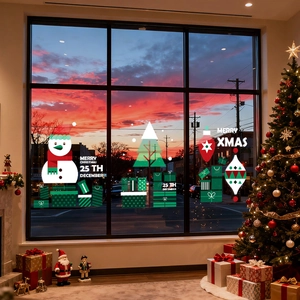 Christmas Window Clings Static Adsorption Snowman Tree Glass Door Decals Double Sided UV Print Festive Decor