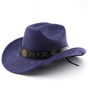 Detail of dark blue suede cowboy hat featuring vintage metal studs on a leather band