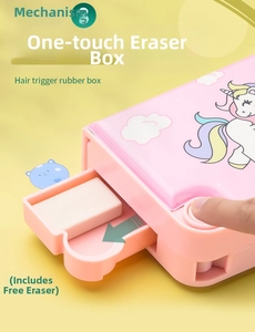 Detail showing pink stationery box with pop-out eraser compartment and unicorn design