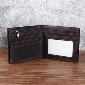 Classic dark brown crazy horse leather bifold wallet with multiple card slots for men