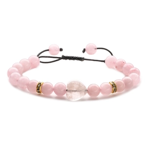 Bracciale di perle di cristallo rosa con cuore e cordino intrecciato nero regolabile