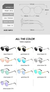 Detailed size specifications for vintage metal round frame polarized sunglasses model NP8010