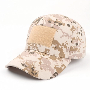 Detail of digital desert camo tactical cap with front hook and loop patch area