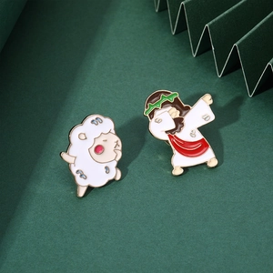 Cartoon Jesus and little lamb enamel pins set in dabbing pose with alloy metal finish