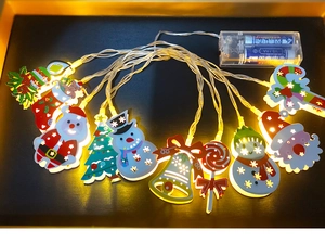 Detail view of warm white LED Christmas string lights with Santa and snowman ornaments