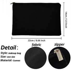 Minimalist black canvas letter cosmetic bag with size specs and close-up detail views