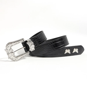 Women's black crocodile leather belt with vintage silver rhinestone butterfly buckle